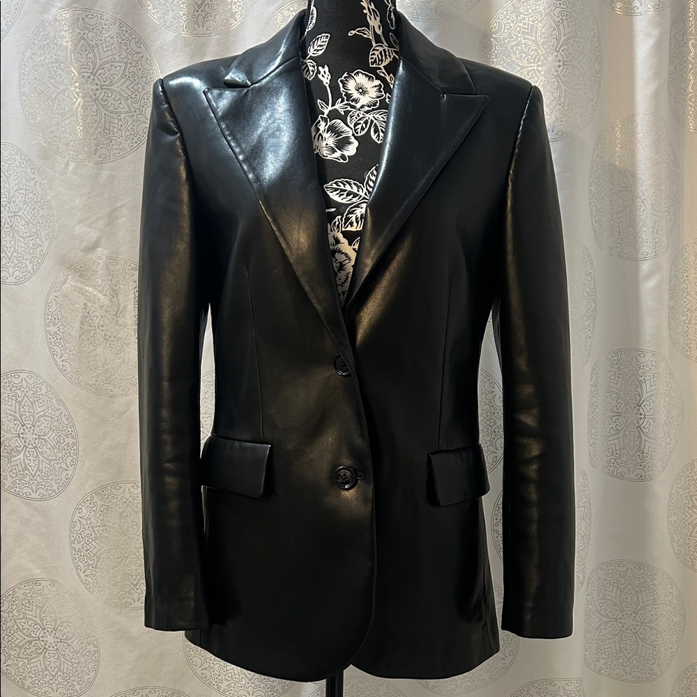 Mango Black Faux Leather Tailored Blazer Jacket Dark Academia Women Medium M - Picture 4 of 16